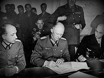 German Marshal Alfred Jodl signing the surrender of German armies in Reims on the 7th May 1945 - Victory in Europe Day