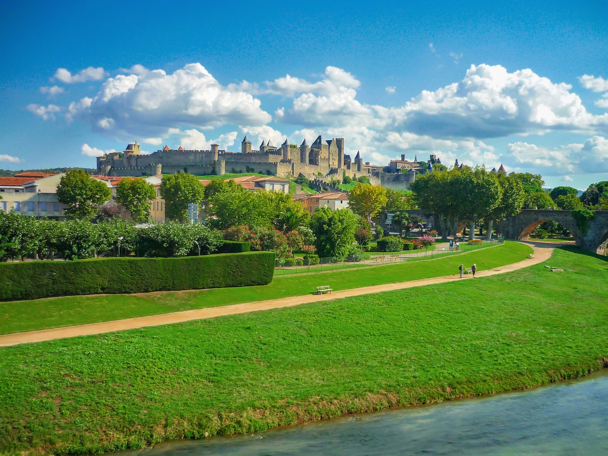 View Of Park Outside The Fortress Town Of Carcassonne In Southern