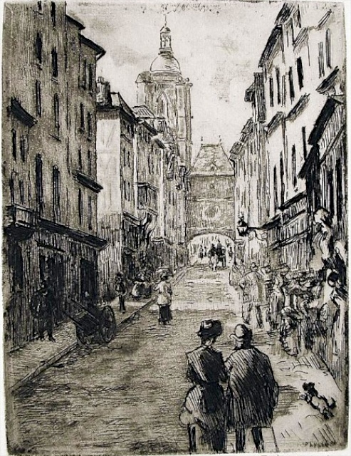 Drawing by Camille Pissarro depicting Rue du Gros-Horloge, Rouen