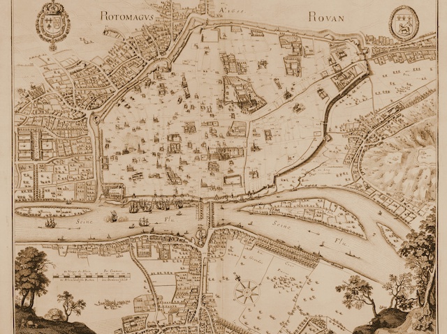 Engraved birdeye view of Rouen at the River Seine 1657