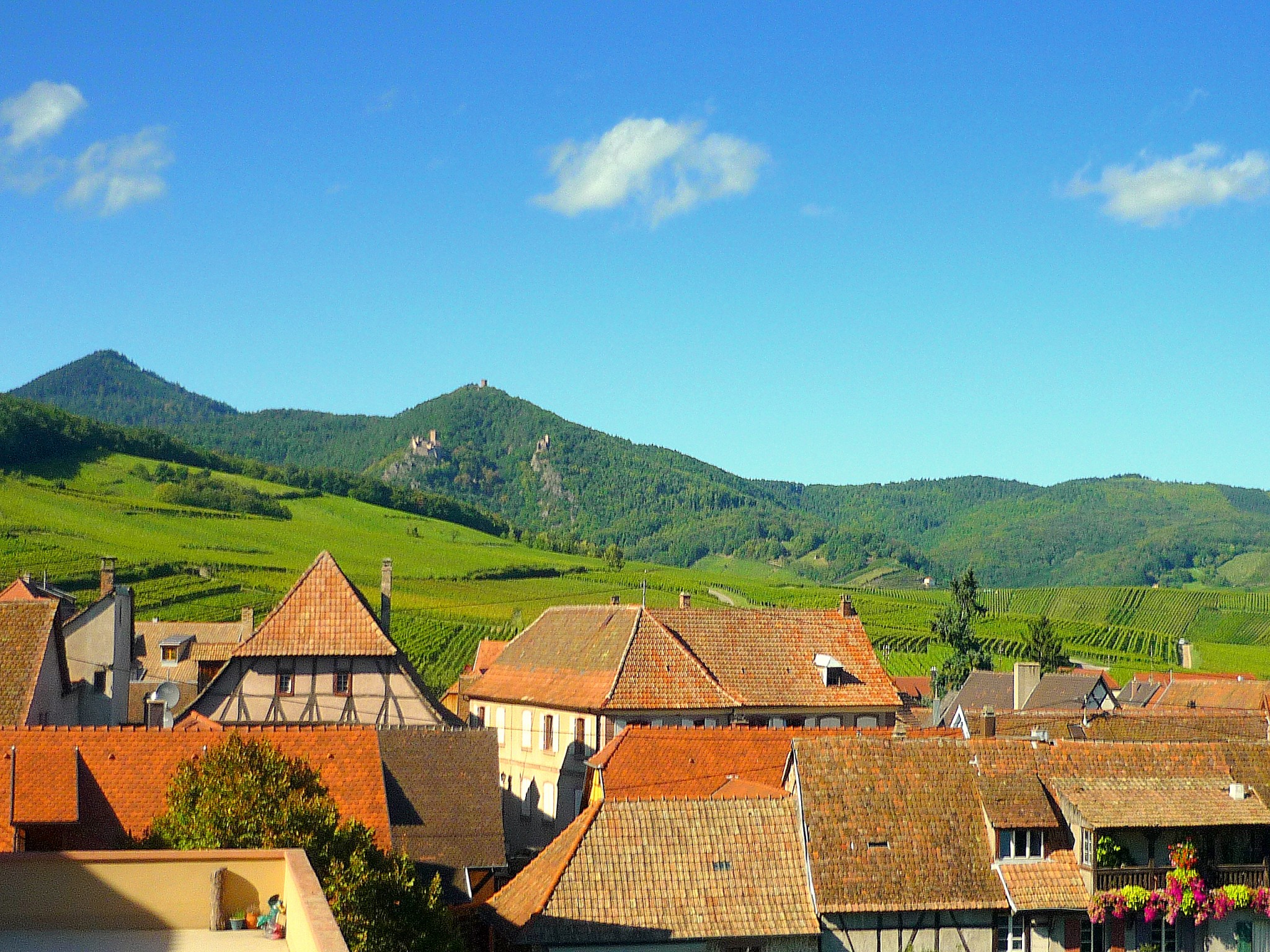 The rooftops of Hunawihr and the castles of Ribeauvillé in the distance © French Moments
