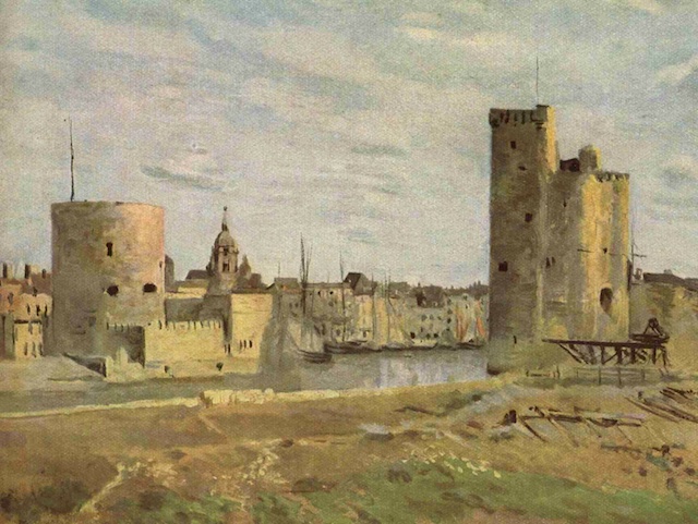 The chain and St. Nicolas Towers of La Rochelle painted by Jean-Baptiste Camille Corot