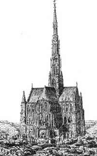 Beauvais engraving dating before 1573 showing the spire above the crossing of the transept