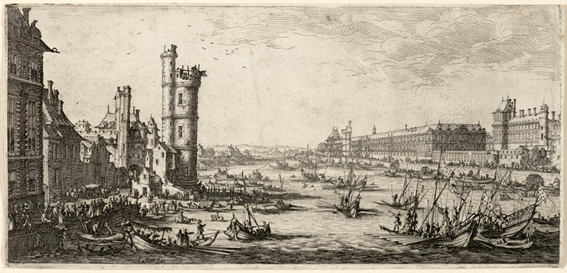 Engravings of annual jousting contest on river Seine in Paris by Jacques Callot in 1630