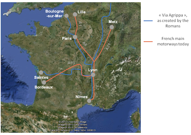Map of French main motorways, compared to the ancient Via Agrippa