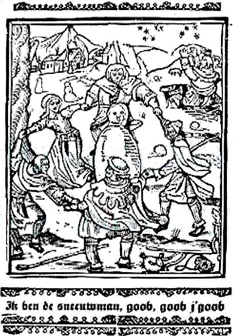 People are dancing around a snowman – woodcut from 1511