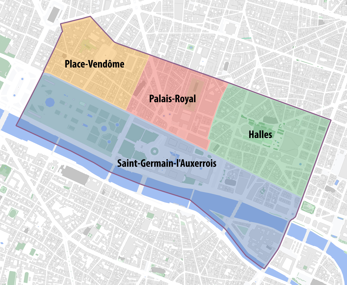 Four districts of the First arrondissement of Paris © Paris 16 - licence [CC BY-SA 4.0] from Wikimedia Commons