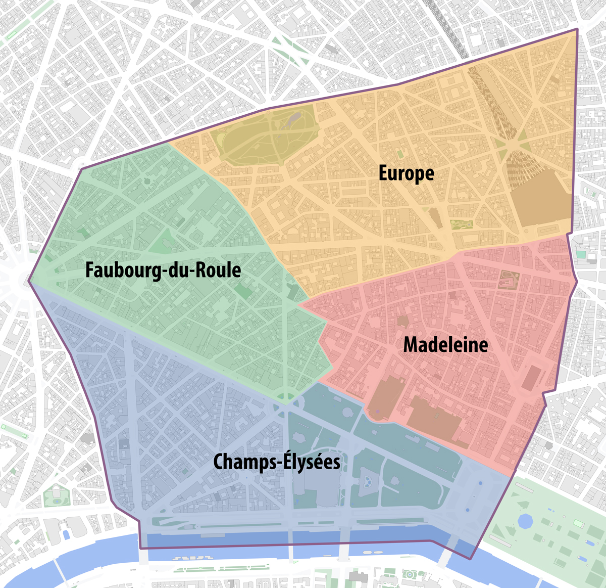 The 4 districts of the 8th arrt © Paris 16 - licence [CC BY-SA 4.0] from Wikimedia Commons