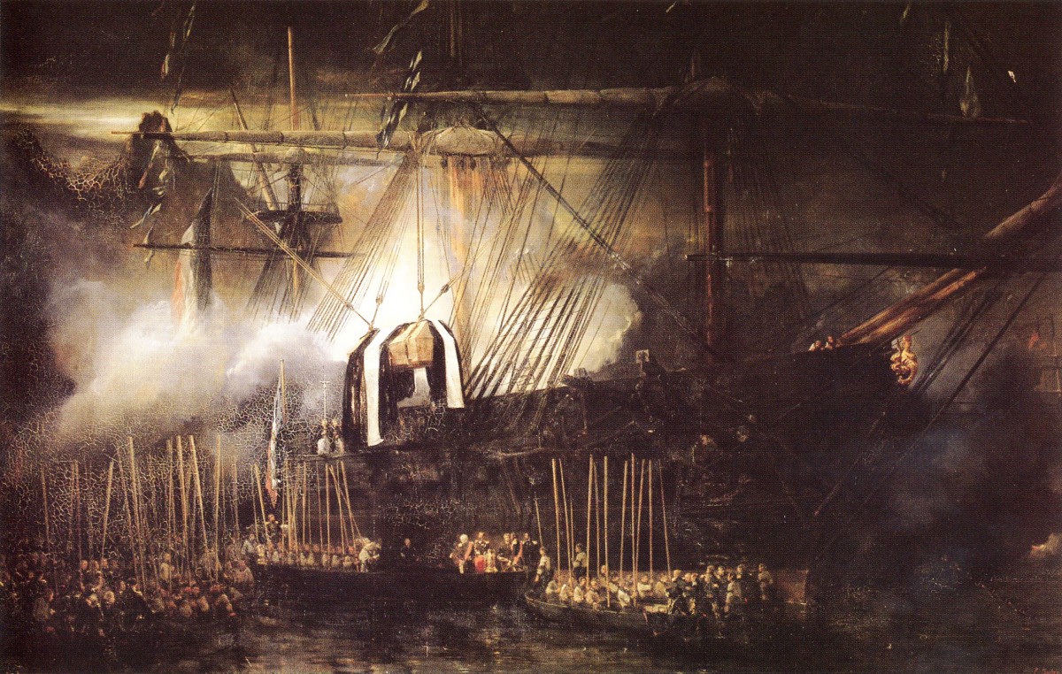 Loading the remains of Napoleon onto the Belle Poule, 15th October 1840. Painting by Eugène Isabey