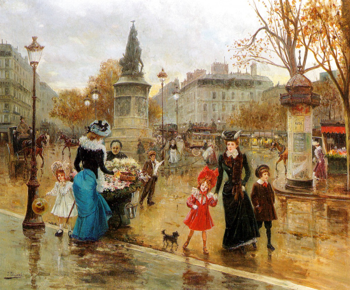 Une place animée à Paris, oil painting by Joaquín Pallarés y Allustante (1898)