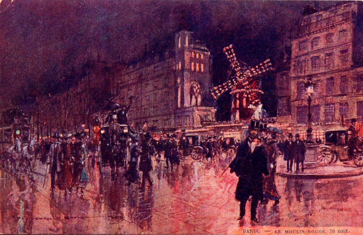 Moulin Rouge by night. Postcard by Georges Stein c.1910