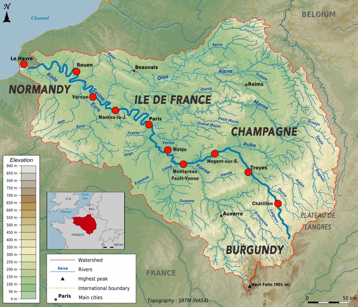 Main Rivers in France: Topographic map of the Seine basin © Paul Passy - licence [CC BY-SA 3.0] from Wikimedia Commons