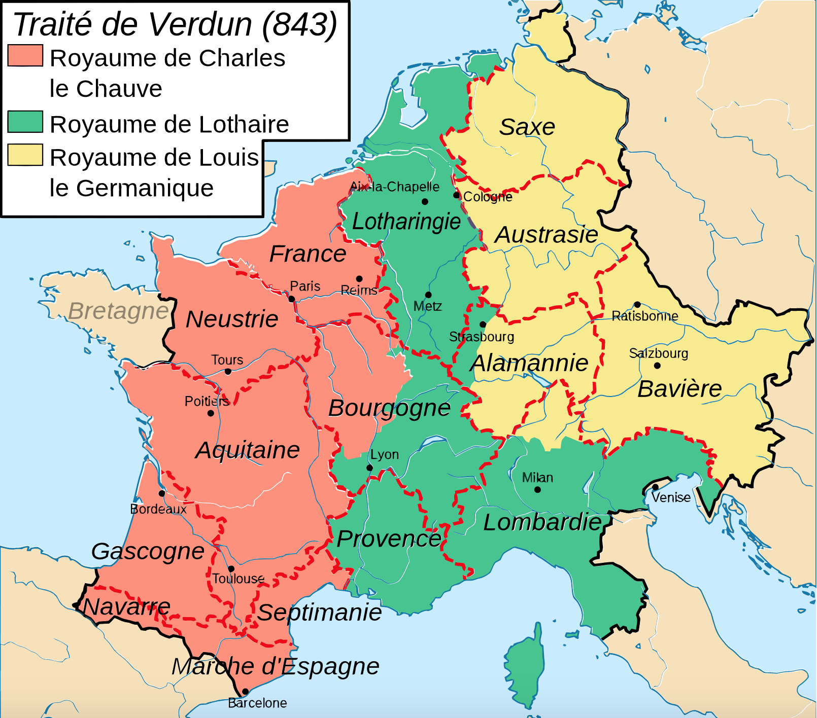 The division of Charlemagne's empire © FlyingPC licence [CC BY-SA 3.0] from Wikimedia Commons