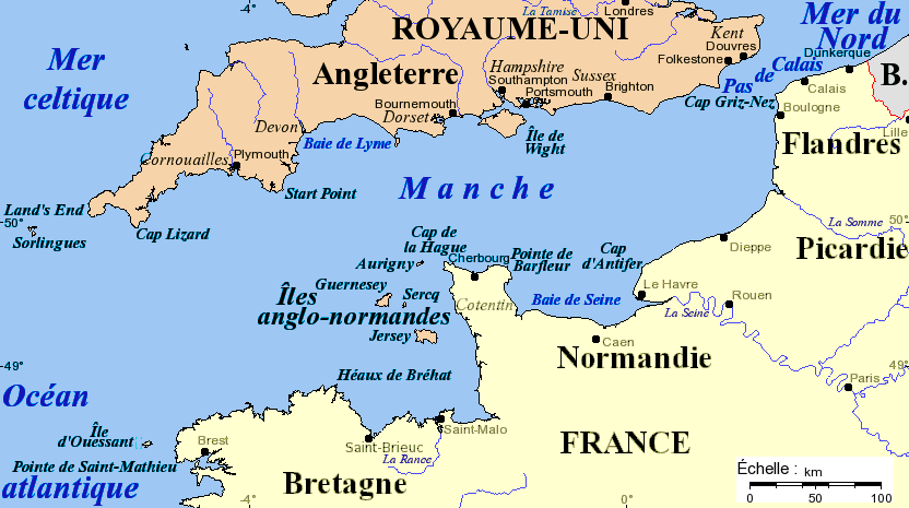 England in French - Carte de la Manche © Idarvol - licence [CC BY-SA 3.0] from Wikimedia Commons