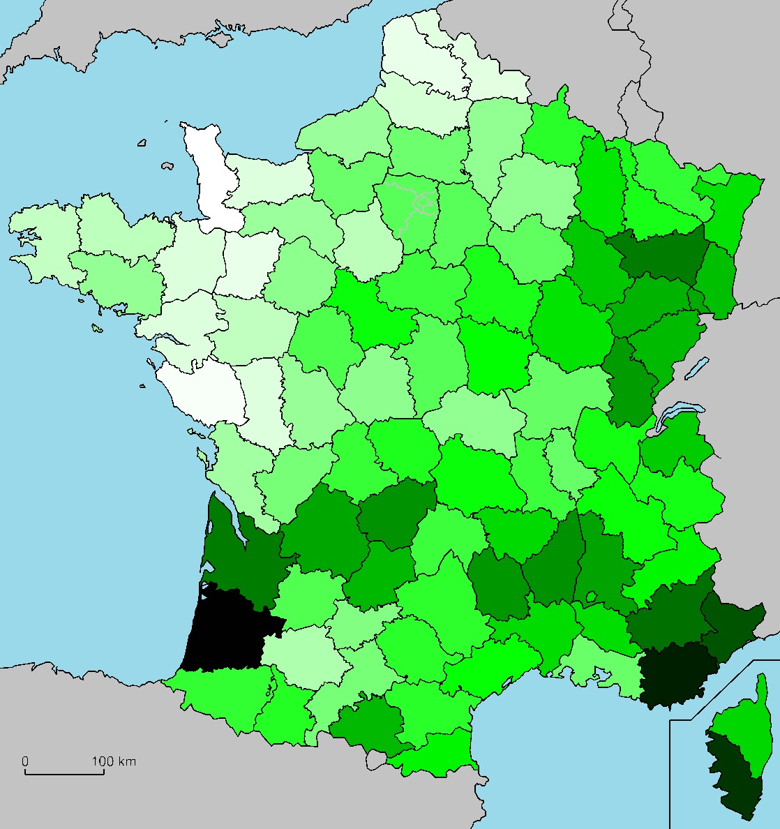 Map of France by rate of forest area © Francescab - licence [CC BY-SA 3.0] from Wikimedia Commons