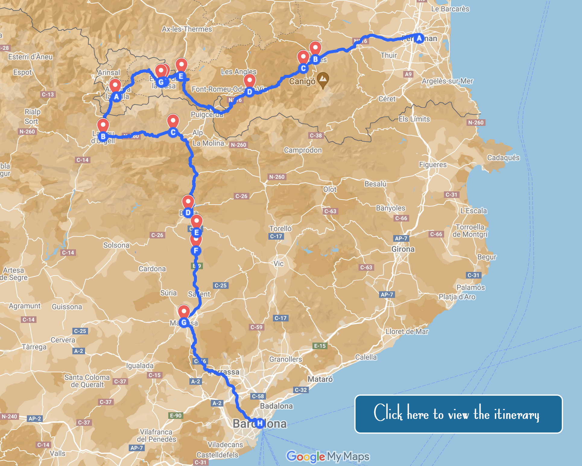 Map Barcelona to Perpignan via Andorra