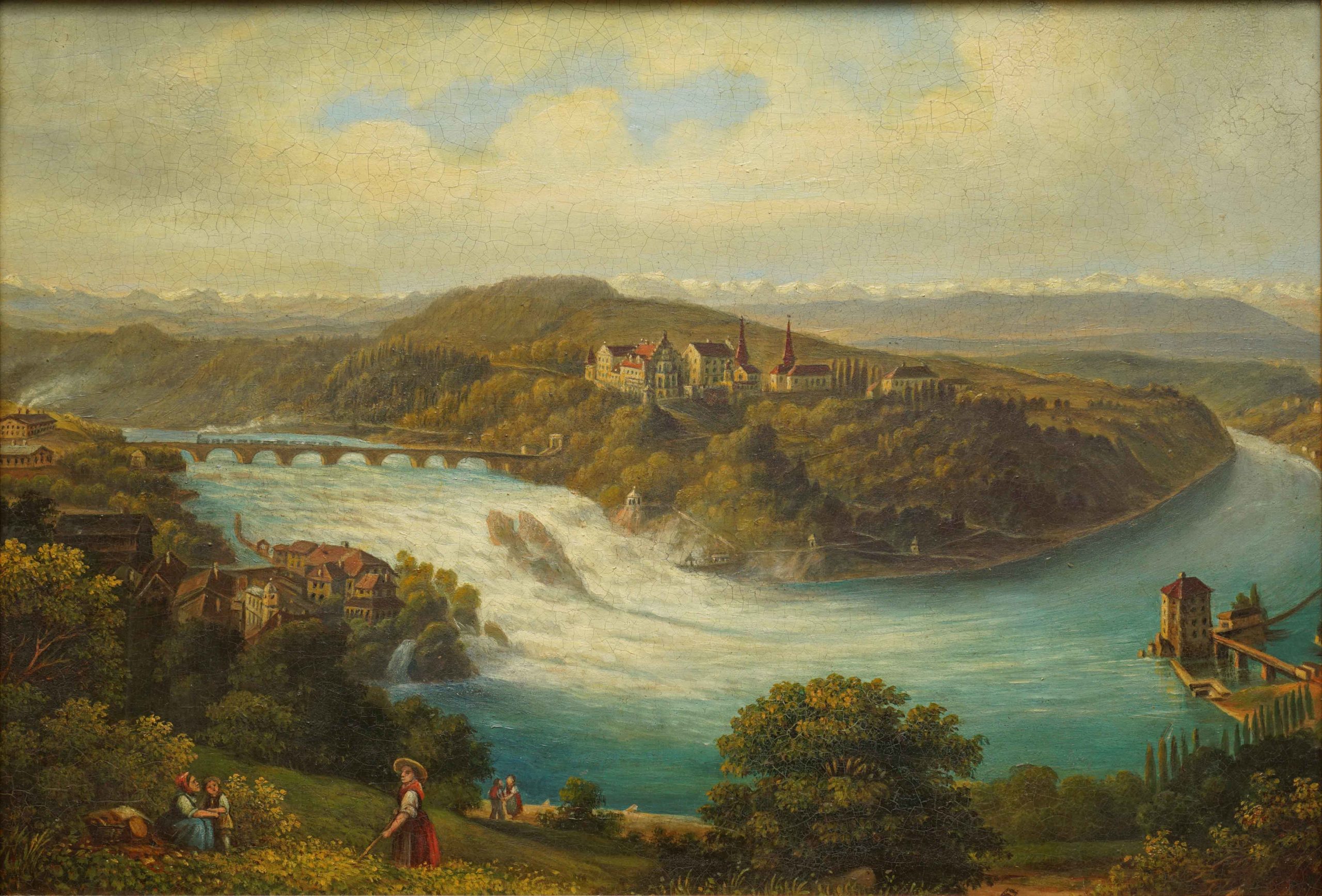 Heinrich Müller - les Chutes du Rhin avec usines et pont de chemin de fer (vers 1870)