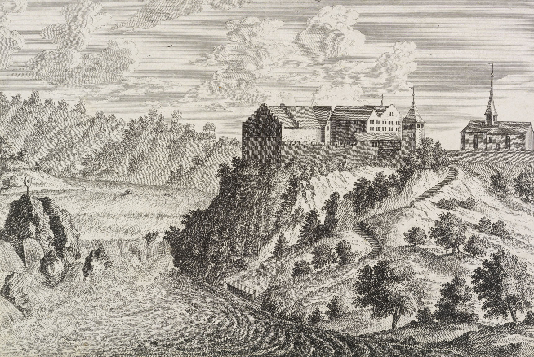 Laufen Castle. Engraving of David Herrliberger (circa 1750)