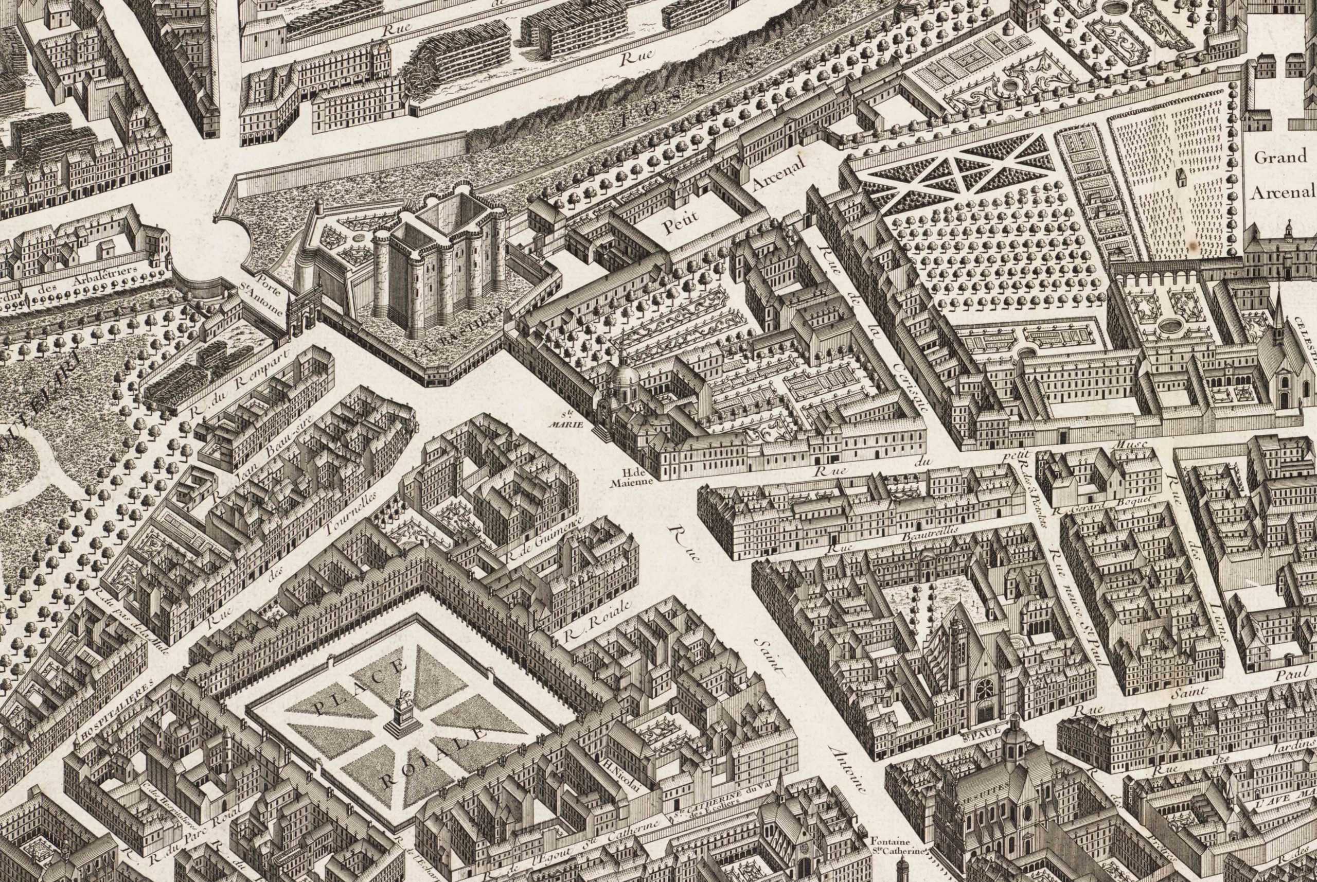 Bastille Fortress in Turgot Map of Paris 1734-1736