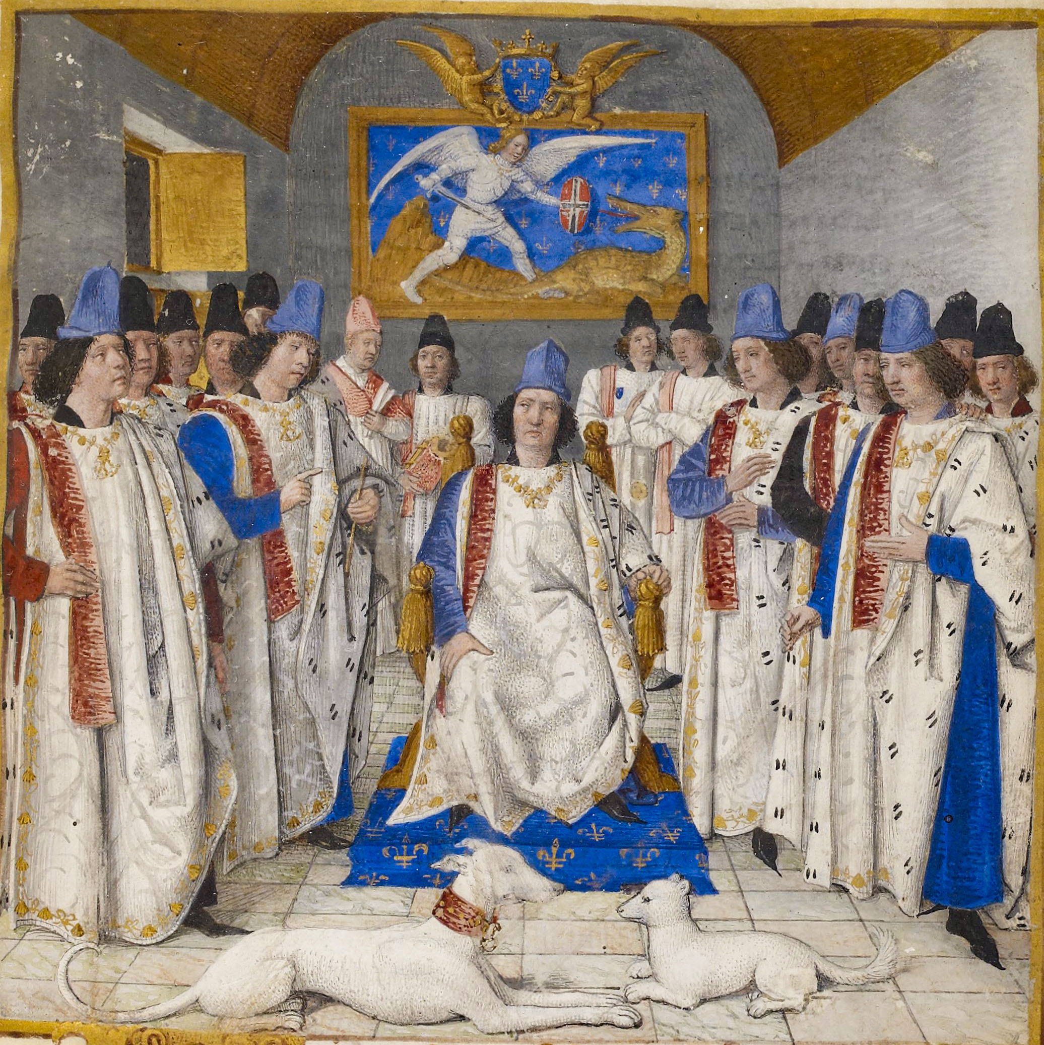 Louis XI in the midst of his knights wearing the mantle, chaperon and collar of the order of Saint-Michel