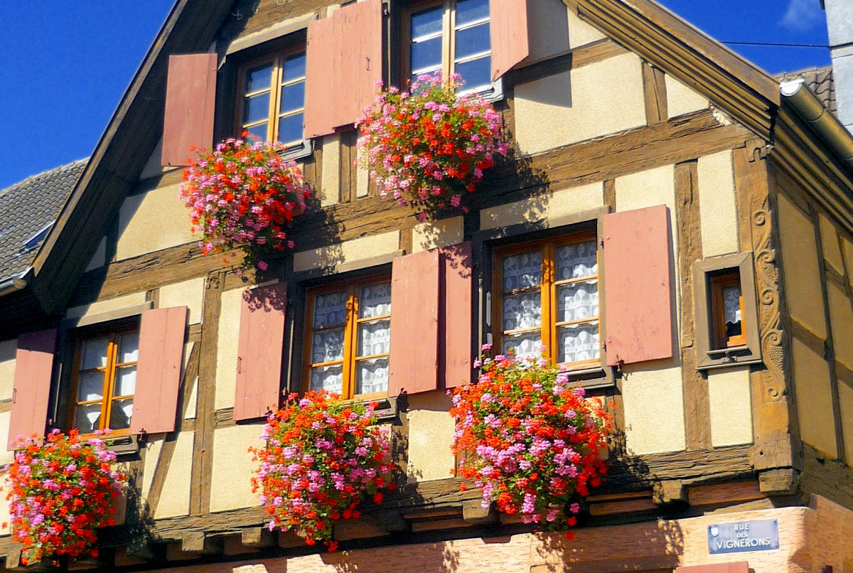Colours of Alsace - Half-timbered house with geraniums in Saint-Hippolyte © French Moments