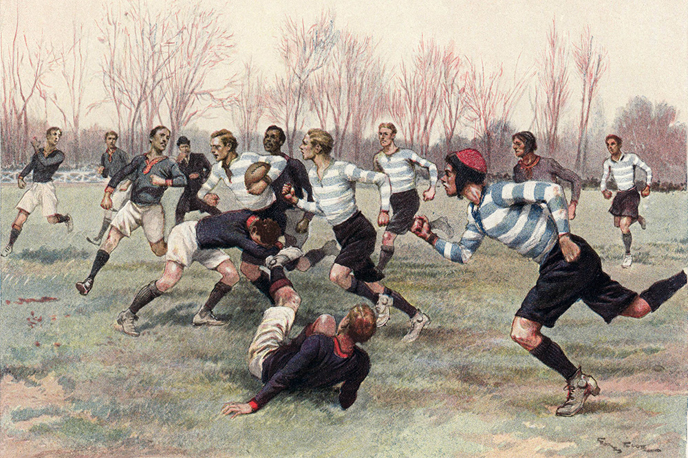 Rugby Game Stade français and Le Racing. Drawing by Georges Scott, 1906. Public Domain via Wikimedia Commons