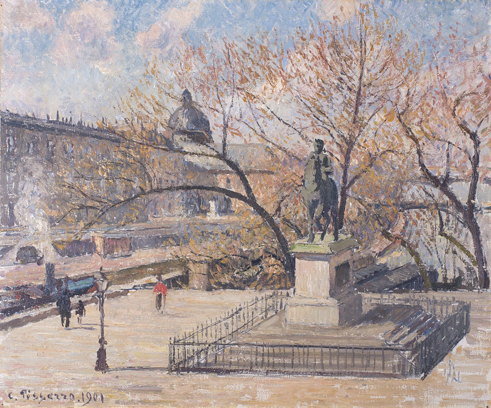 Painting by Camille Pissarro, 1901: Statue d’Henri IV et hôtel de la Monnaie, matin, soleil. MuMa, Le Havre