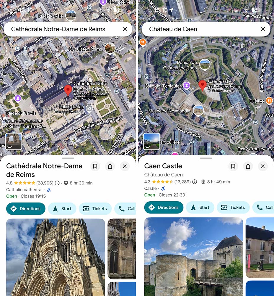 Google Maps of Reims and Caen