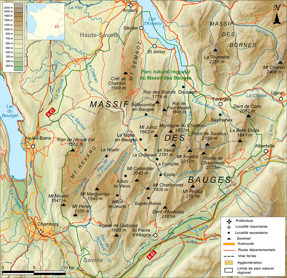 Map of the Massif des Bauges © Boldair - licence [CC BY-SA 4.0] from Wikimedia Commons