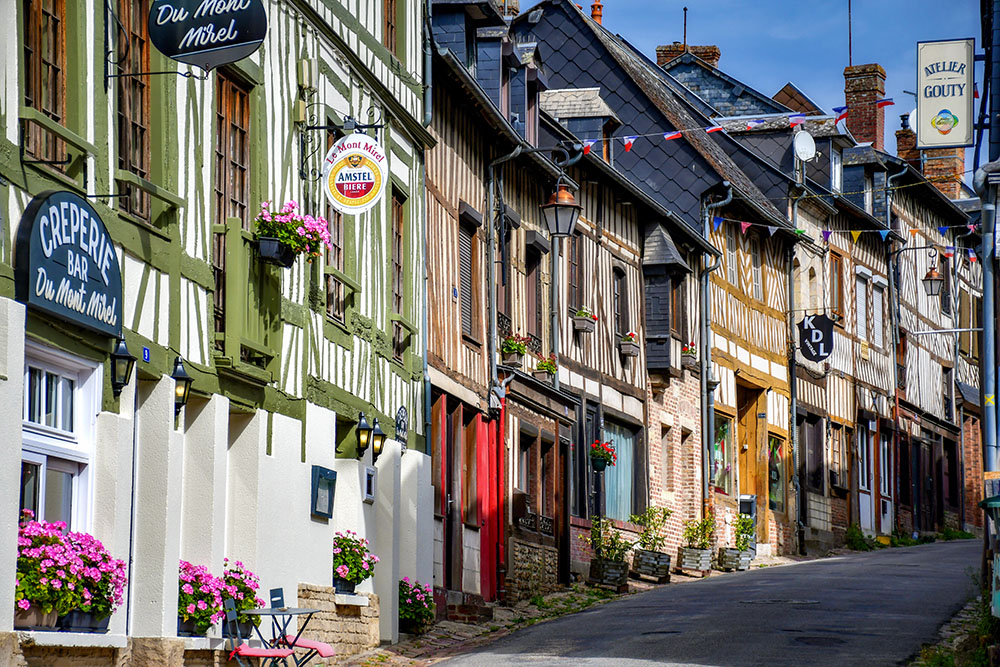 Beautiful half-timbered houses lining Rue de Pont-Audemer in Cormeilles