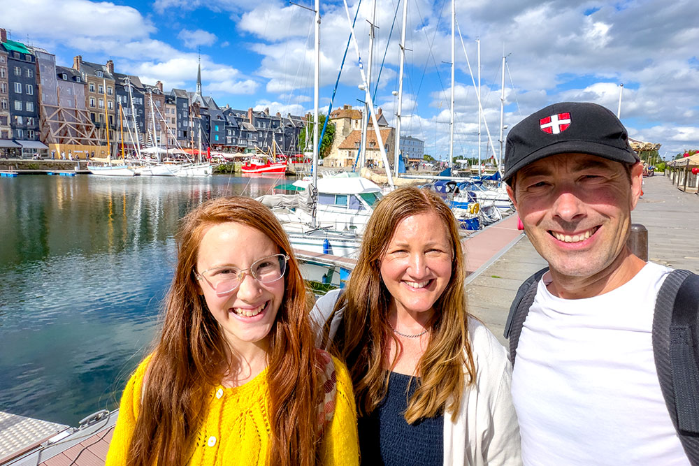 Honfleur Guernier LR Pierre, Rachel and Aimée visiting Honfleur in Normandy
