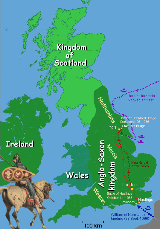 Map of the Battle of Hastings fought by William the Conqueror against Harold II