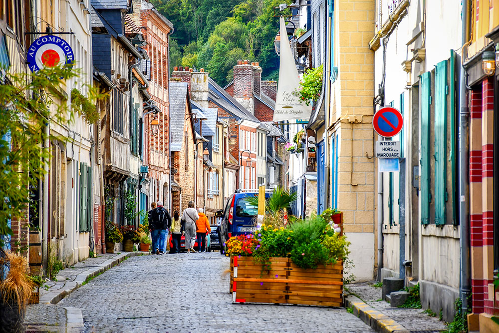 Honfleur 30 copyright French Moments A picturesque view of Rue Brûlée lined with half-timbered houses